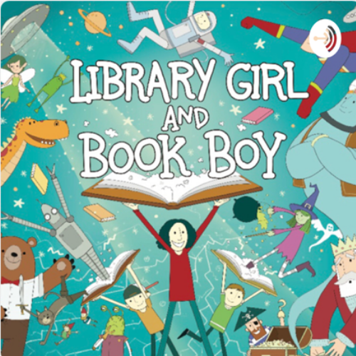 Library girl and book boy logo