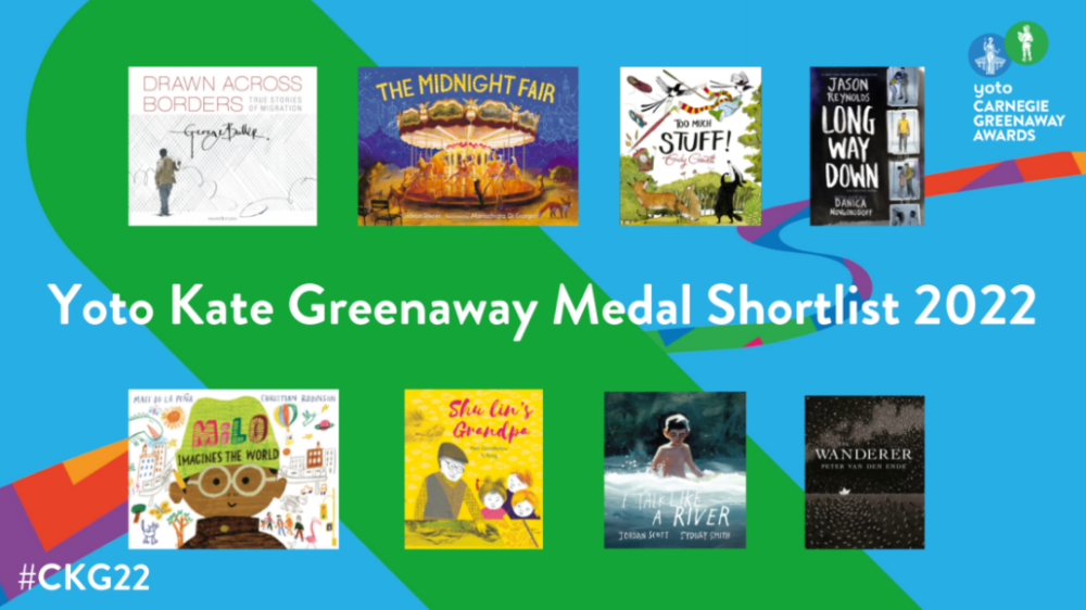 Cover images for the 8 shortlisted titles for the Yoto Kate Greenaway Medal 2022