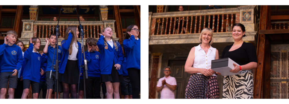 Image of group of children performing poetry and image of poet Jean Sprakland with a Poetry by Heart 2022 finalist.