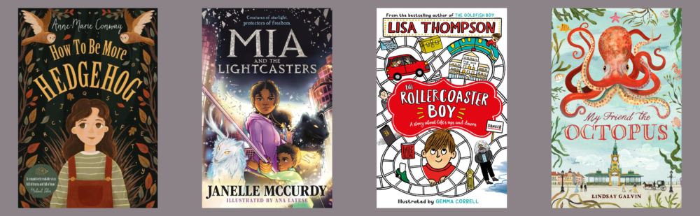 Cover shots of the four titles shortlisted for the 9+ category of the Spark School Book Awards 2022-23