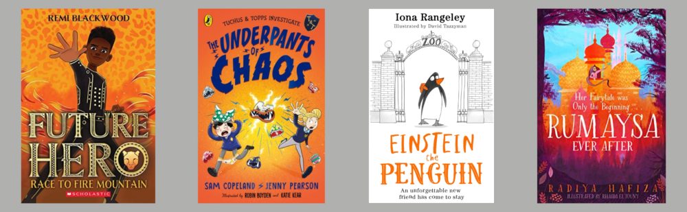 Cover shots of the four titles shortlisted for the 7+ category of the Spark School Book Awards 2022-23