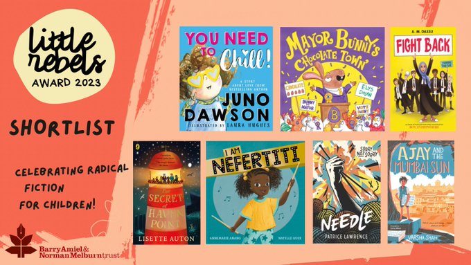 Cover images of the seven titles shortlisted for the Little Rebels Award 2023