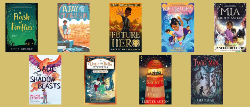 Cover images of the nine titles shortlisted for the children's fiction category of the Diverse Book Awards 2023