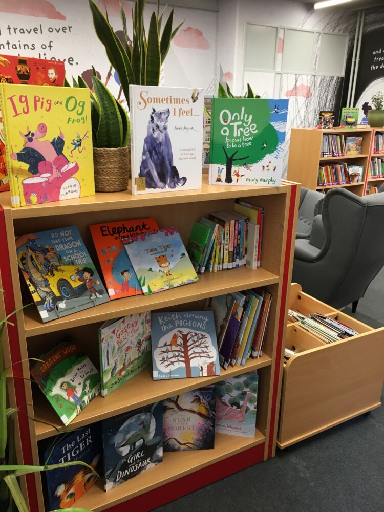 Well stocked library shelves in a reading for pleasure primary school.