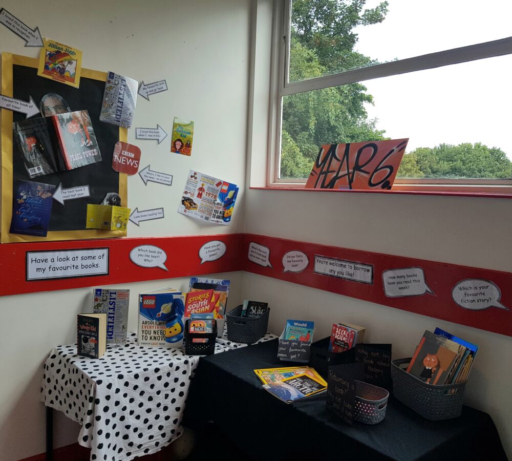 An example of a teacher's Reading Teacher display highlighting their reading practices and some favourite titles.