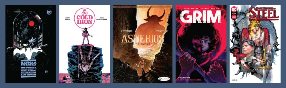Cover shots of the 5 shortlisted titles for the Excelsior Book Awards, 14+ category