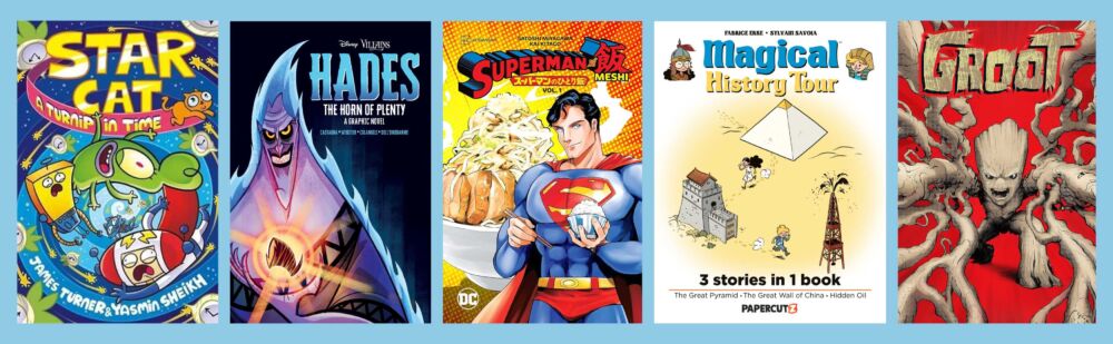 Cover images of the 5 shortlisted titles for the Excelsior Book Awards 2024, 9+ category