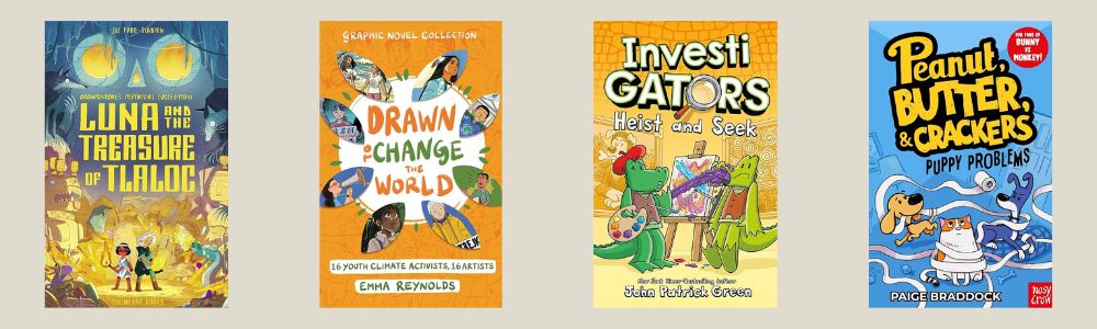 Cover images of the four shortlisted titles for the Graphic Novels category of the Spark! School Book Awards 23-24, a children's book award voted for by pupils across the country.