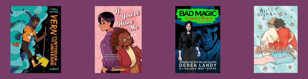 Cover images for the four titles shortlisted for the teen category of the Scholastic Graphic Novel Prize 2024.