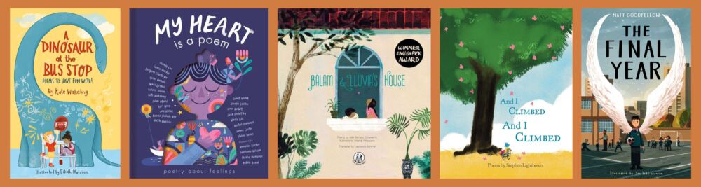 Cover shots of the five titles shortlisted for the 2024 CLiPPA, an award that celebrates the best contemporary poetry for children and young people.