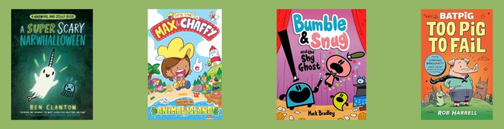 Cover images for the four titles shortlisted for the 6-8 category of the Scholastic Graphic Novel Prize 2024.