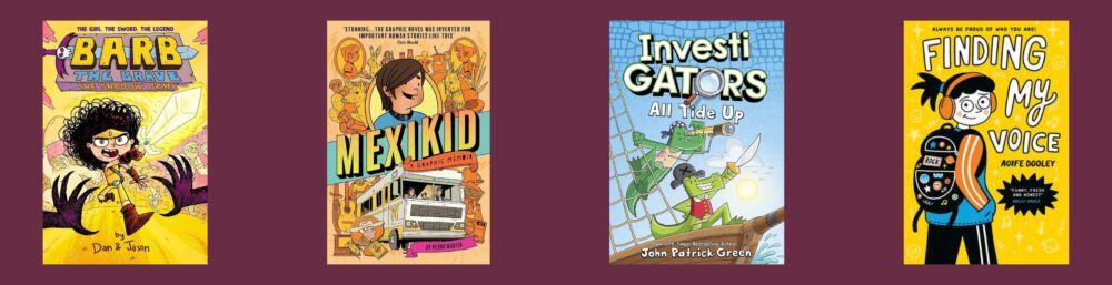 Cover images for the four titles shortlisted for the 9-12 category of the Scholastic Graphic Novel Prize 2024.