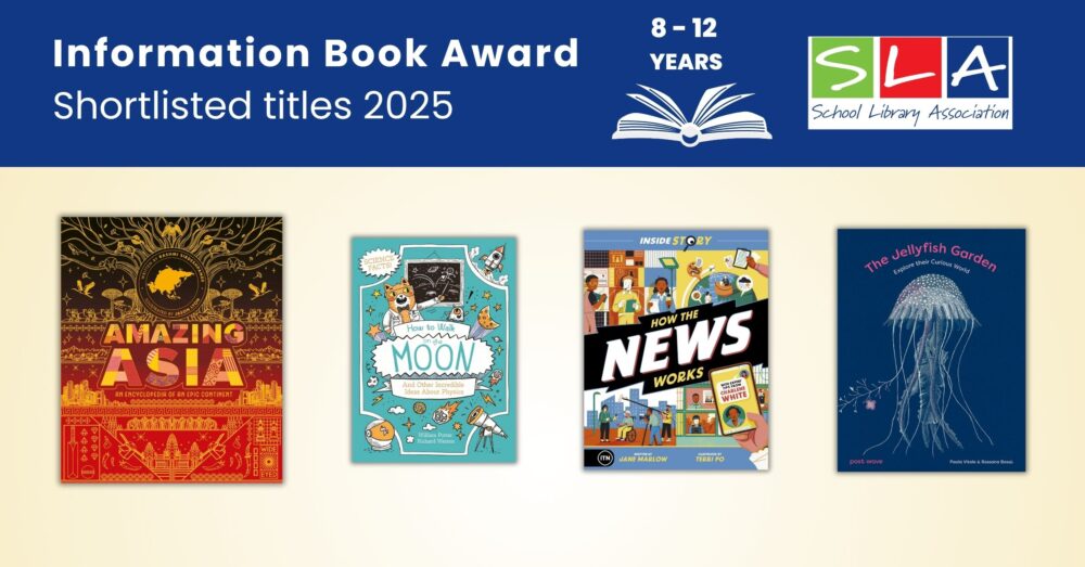 Cover shots of the four titles shortlisted for the 8-12 age category in the SLA Information Book Awards 2025