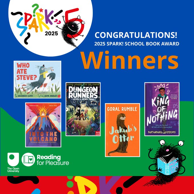 Cover shots of the five winning titles for the Spark! School Book Awards 24-25